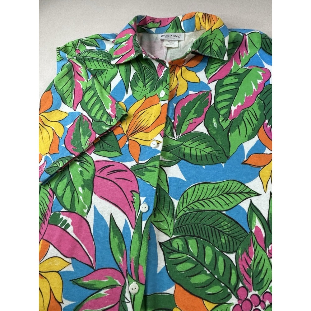 Vintage 80s 90s White Stag Button Back Tropical Floral Blouse Made in USA Size L
